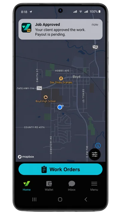 Live job tracking map with job approved notification