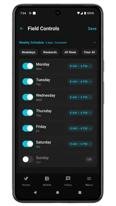 Weekly schedule and field controls for pros